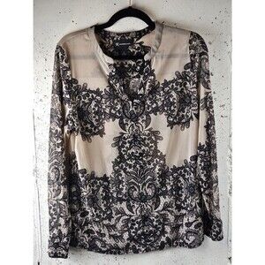 INC International Concepts Black Beige Lace Sheer Long Sleeve Blouse Women’s L
